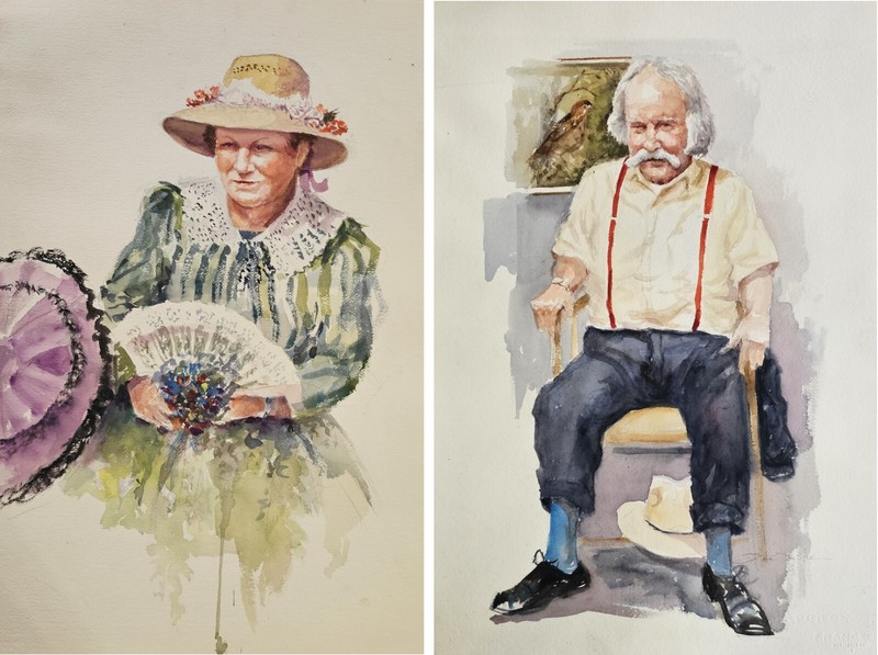 Q2 Grandma & «Grandpa Original Watercolor Portrait Paintings Antique Style 15×22