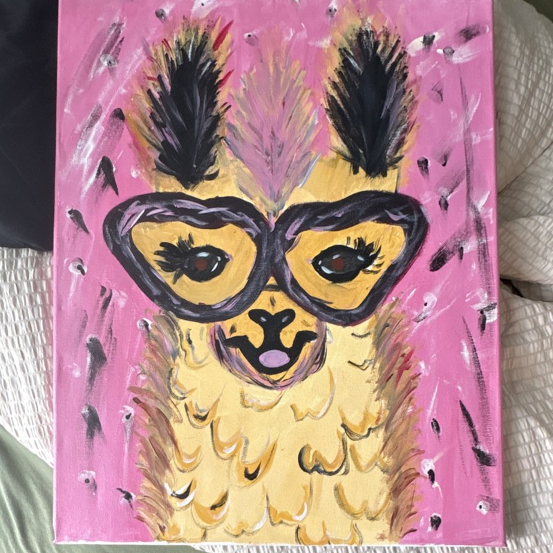 Hand-Painted Acrylic Canvas Llama with Glasses Pink Background Contemporary Art