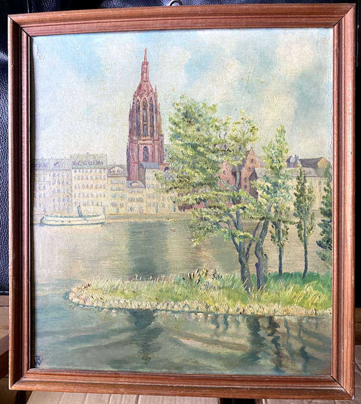 Oil Painting Dom Münster Frankfurt Am Main Antique Monogram Ufer Altstadt Insel