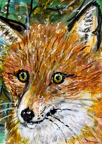 ORIGINAL ACEO Painting Red FOX Autumn FALL Landscape Tree Animal Nature ART