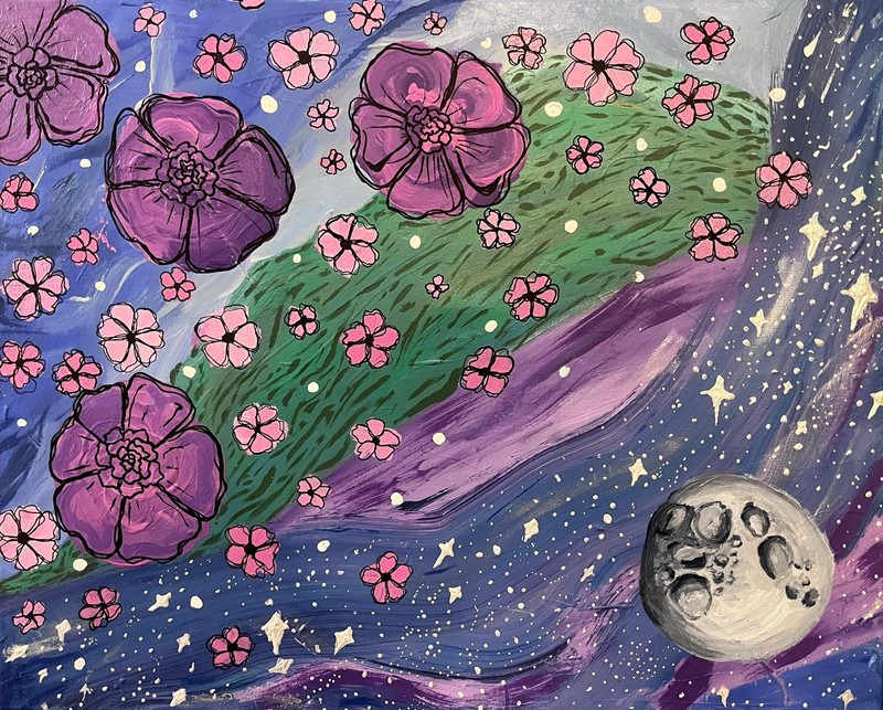 Original 16×20 Acrylic Painting Cosmic Floral Space Galaxy Textured Canvas