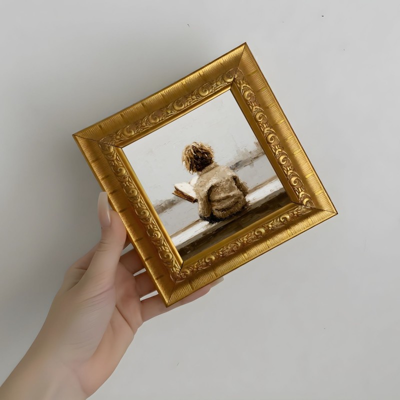Mini Original Oil Painting, Hand Painted Reading Boy, Framed Vintage Art gallery