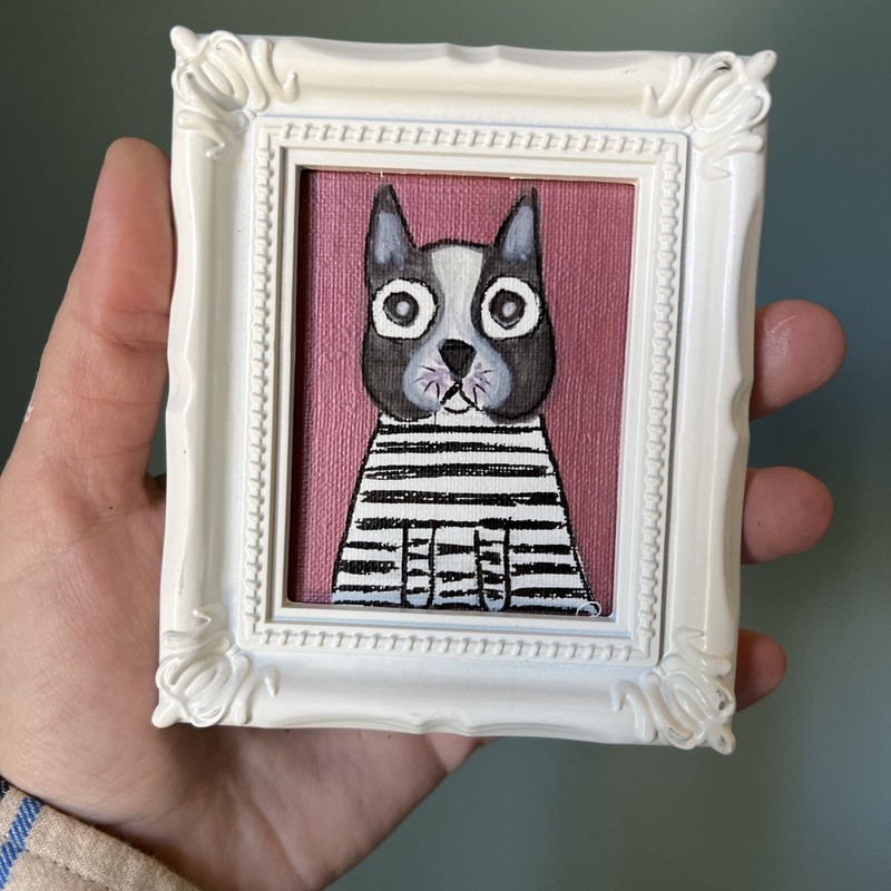Boston Terrier Funny Dog cute,original,miniature Painting,small,mini,framed