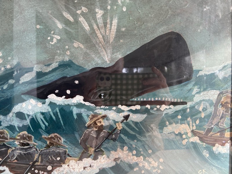 EK Signed Framed Nautical Folk Art Whale And Sea Men Original Painting gallery