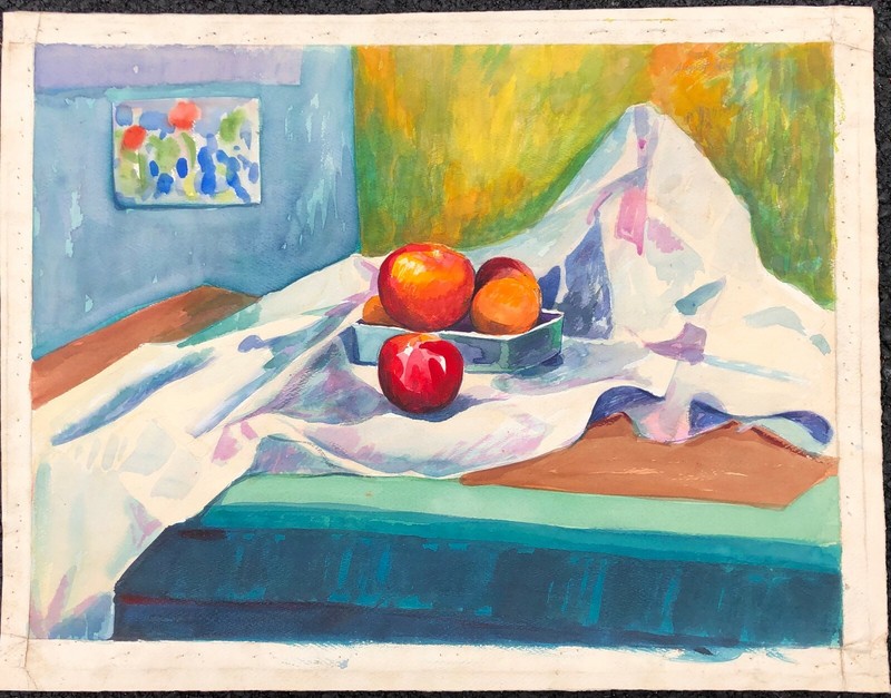 Still Life with Apples 18″ x 24″Watercolor Painting-1960-August Mosca