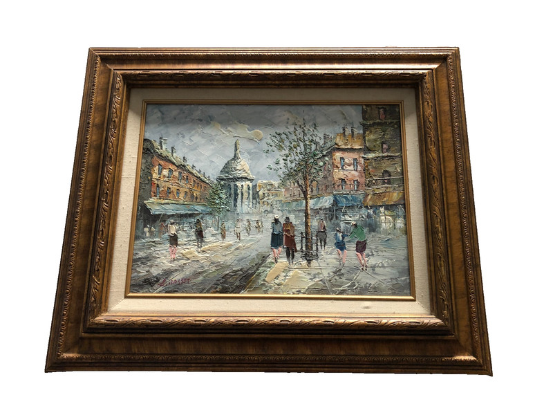 Vintage oil on canvas Parisian street scene signed L Basset in MCM frame