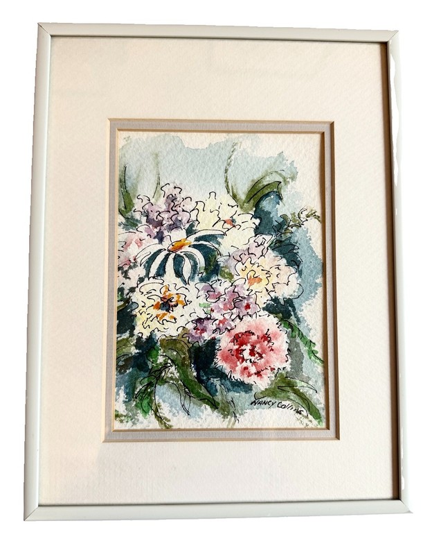 Original Nancy Collins Small Floral Watercolor Painting- Signed Framed & Matted