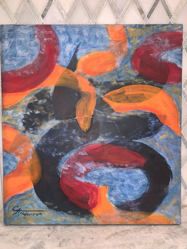 VTG 1984 CA Holmstrom ‘Promordial Soup’ Blue Org Blk Red Modern Canvas 18”x20” gallery