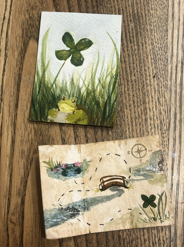 ACEO PRINT froggy’s adventure 1/2 lil frog clover Watercolor Painting 3.5x2.5 gallery
