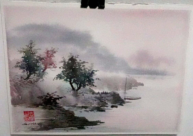 S. CHANG CHINESE ORIGINAL WATERCOLOR FISHERMAN LANDSCAPE PAINTING SIGNED
