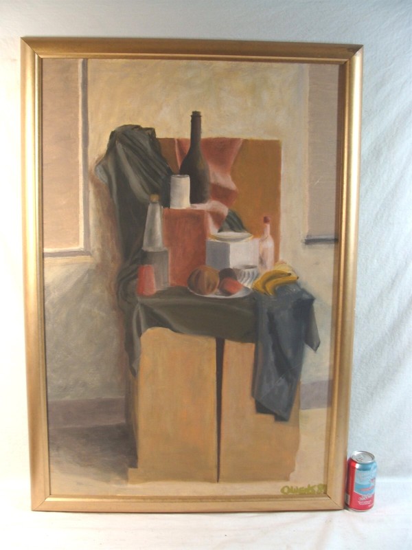 20C Modern 1987 Owens Still Life Interior Bottles O/C Painting