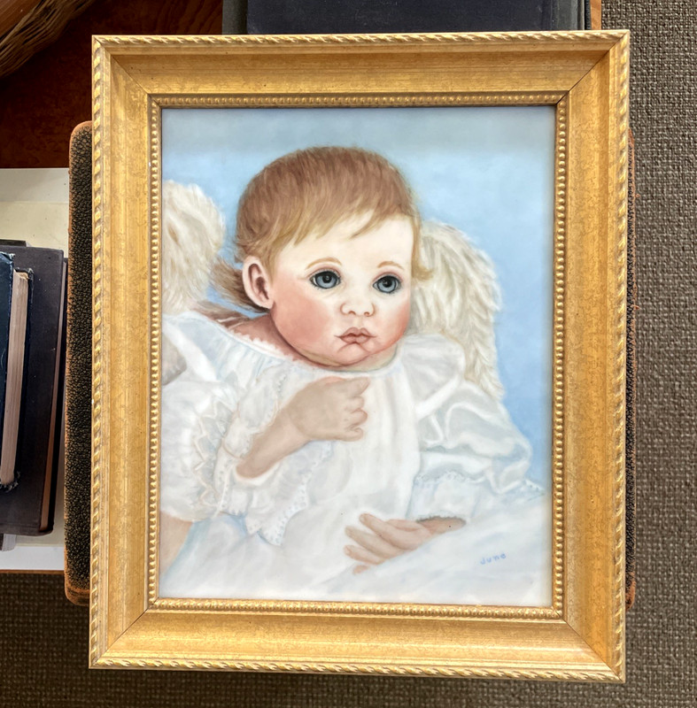 VTG Baby Angel Framed Original Porcelain Plaque Painting Cherub Nursery Decor