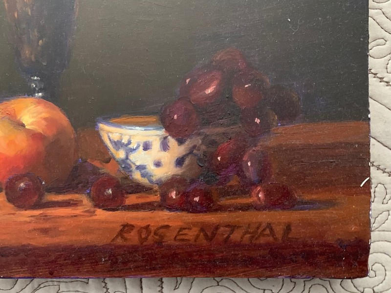 Chuck Rosenthal Still Life Painting Grapes Flowers & Apples on Canvas 12 x 9" gallery