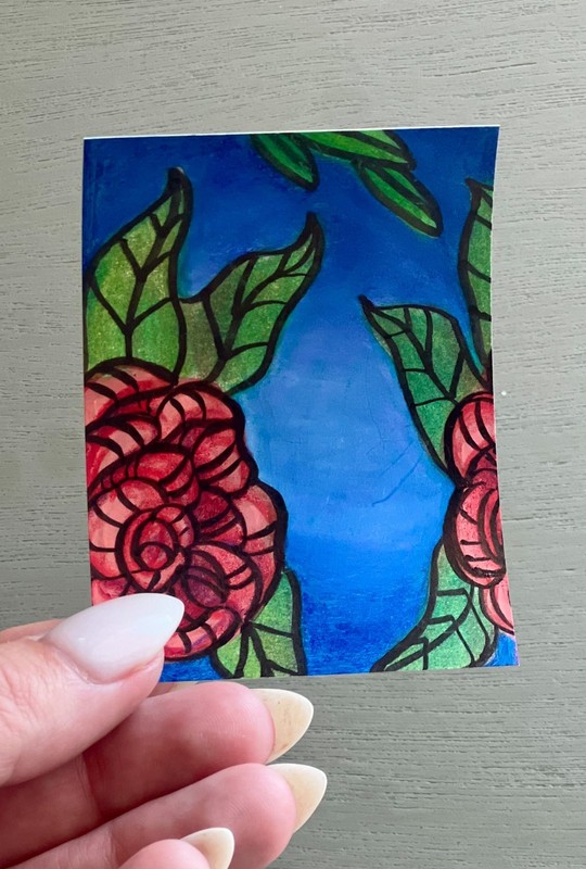 ACEO Original Artist Card Mixed Media Florals #1/4 2.5 x 3.5 Inches