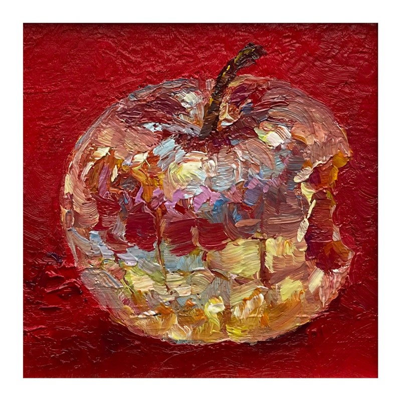 Original Oil Painting Apple Gold Decor 4x4in Impasto Abstract Textured Art OS gallery