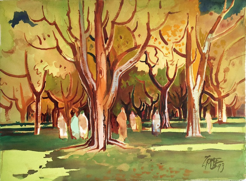 Milford Zornes – Walk in the Park, 1993, Original Watercolor Artwork