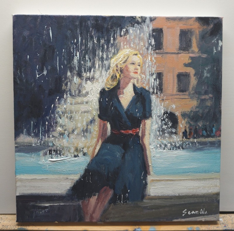 Sean Wu original oil painting, 12x12 on stretched canvas，Sitting by the fountain gallery