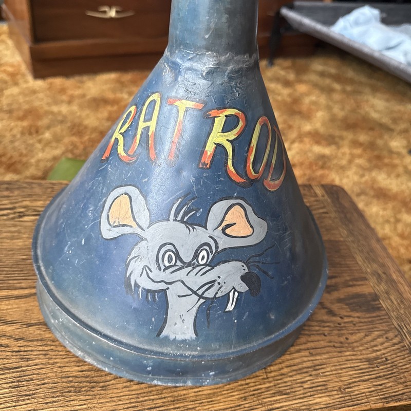 VTG Hand Painted Folk Art Gas Oil Garage Rat Rod 1950’s Metal Funnel Awesome USA gallery