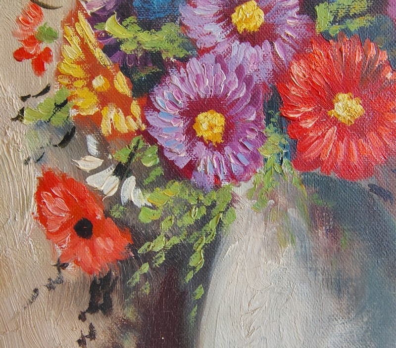 FLOWERS 🩵🧡💛 OIL PAINTING Original Signed ART VINTAGE 1960s Mid-Century Framed gallery