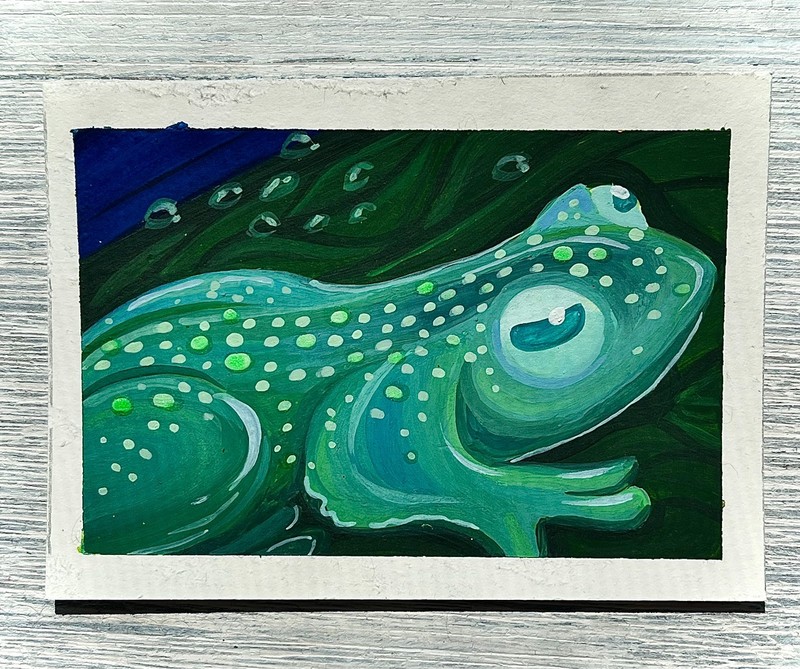 ACEO Original Blue Frog Whimsy Leaf Stylized Watercolor Art Cards Glow in Dark
