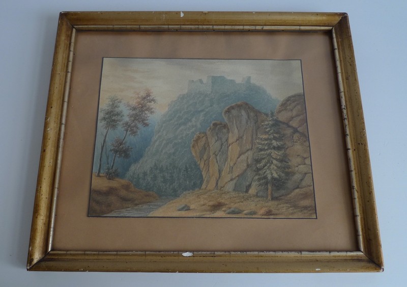 IMPRESSIONIST - MOUNTAIN LANDSCAPE WITH CASTLE AND RIVER - ENGLAND ? WATERCOLOUR CIRCA 1900