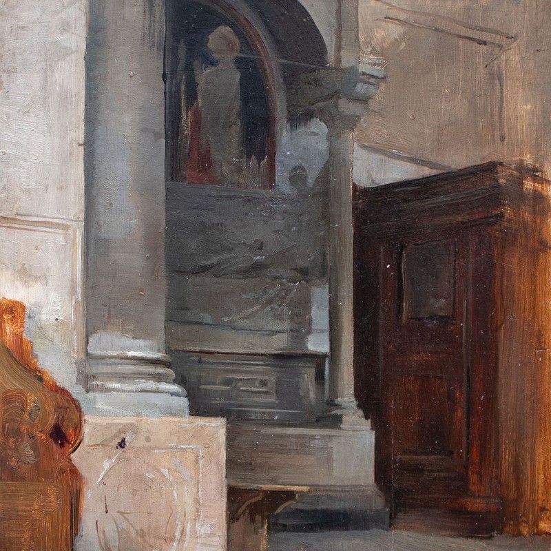 Martin Feuerstein Interior Church Sarcophagus Study Unsign Oil on Wood c1900