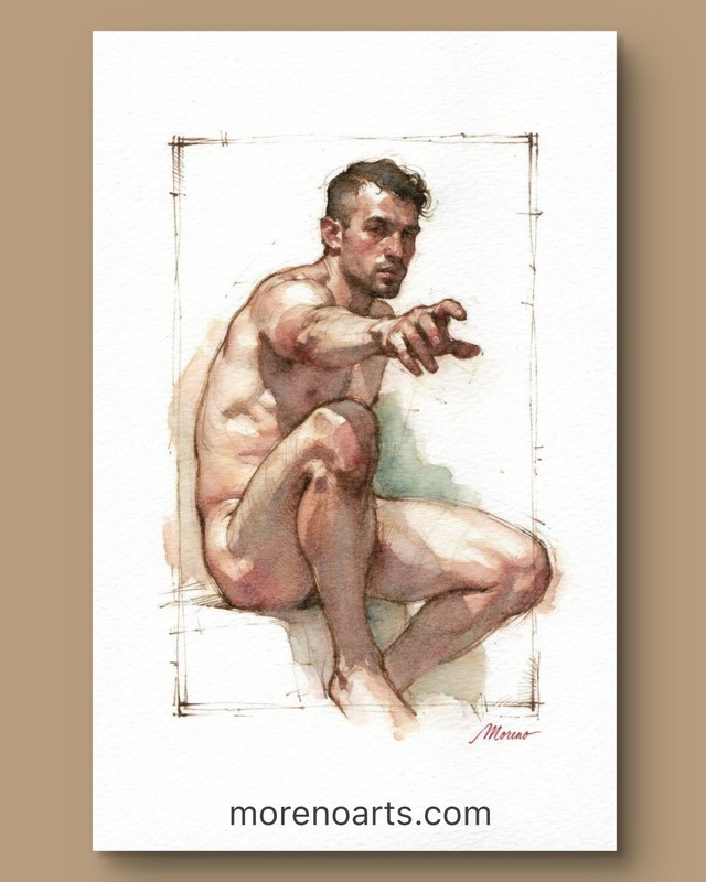 Original Watercolor Painting Male Figure Portrait Book Page (5.5 × 8.5 inches)