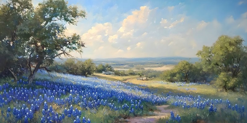 Texas Bluebonnets Landscapes Home Art Decor Hand Painted Oil Painting on Canvas