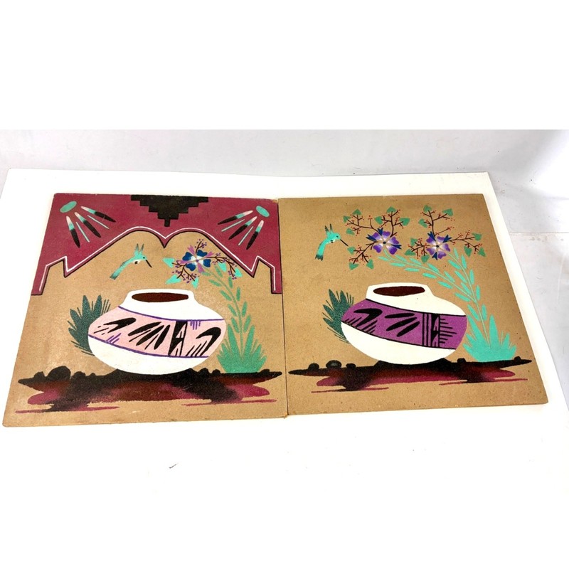 Lot of 2 VTG Native American Navajo Sand Painting Wooden Signed Masquat 12″x12″