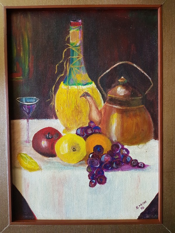 B.Miller IMPRESSIONIST Still Life Oil Painting on Board signed 14×18 FRAME