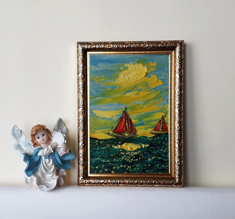 Framed Red Sails Seascape Sunset Sailboat 4x6" Impasto Oil Painting Original gallery