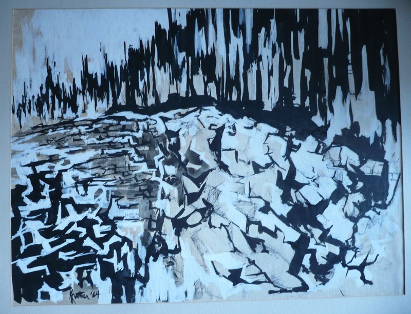 A. KRATHAN, 1964 60s ABSTRACTION MODERN MODERNISM OIL MIXED MEDIA LANDSCAPE gallery