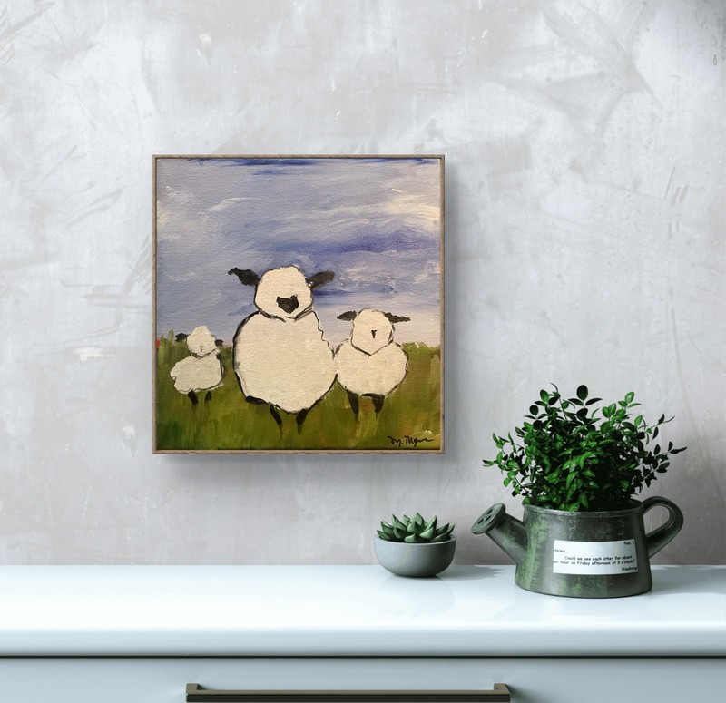 Original Sheep Field Acrylic Painting 10x10 Canvas Signed Whimsical Expressionis gallery