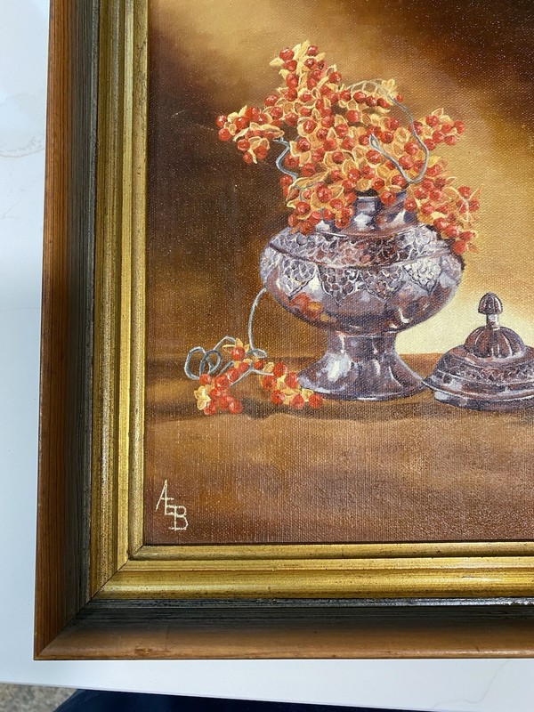 Original Oil Painting Still Life Wooden Frame Berries And Silver Urn gallery