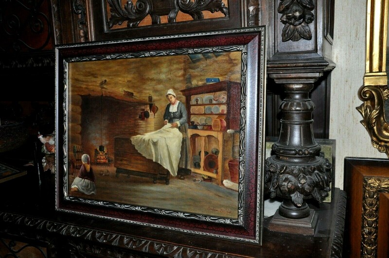 Antique Interior Genre Painting by listed Artist Ambrose Lee