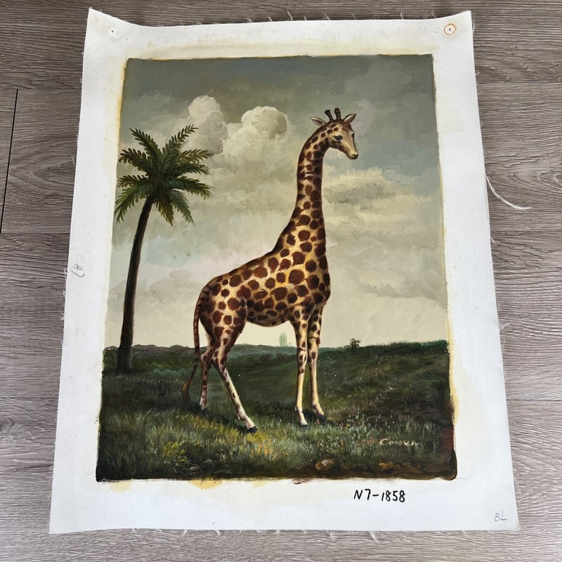 VTG Hand-Painted Giraffe & Palm Trees 15×19 Signed Original Artwork Zoo Animal