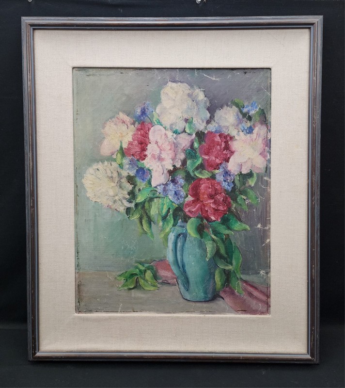 Vintage Floral Flower Original Hand Painted Painting Green Vase White Red Pink