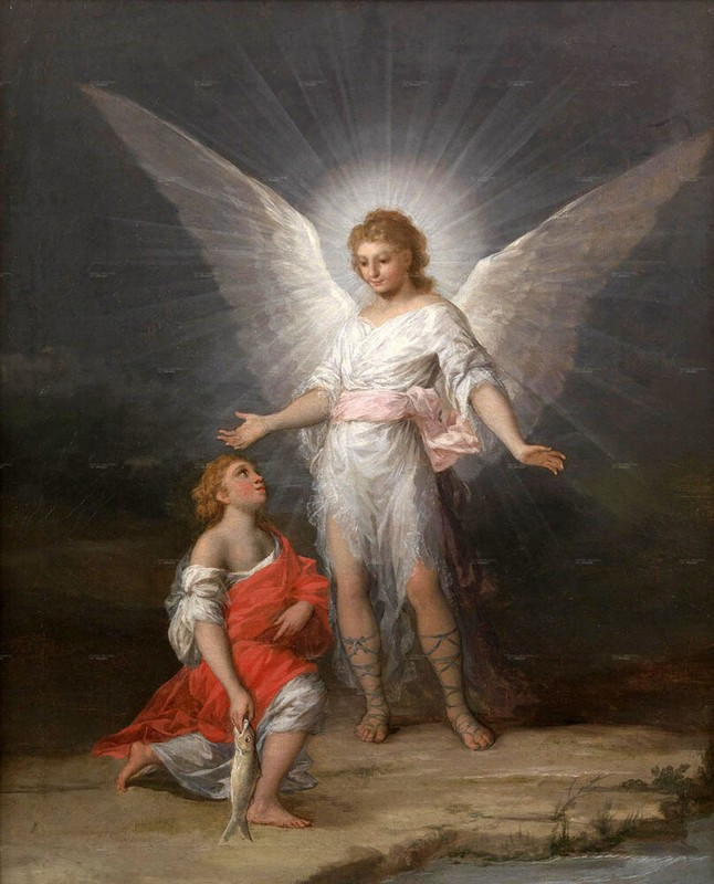 Huge art Oil painting Tobiah holding fish and the archangel Raphael in landscape