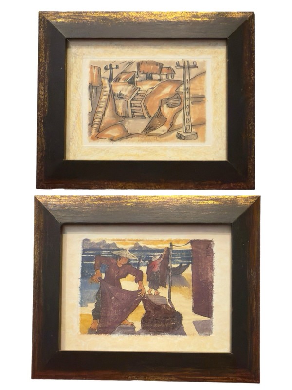 Vintage Painting Jakarta Indonesia Wood Frame Matted Artisan Art Village 8.5” x7