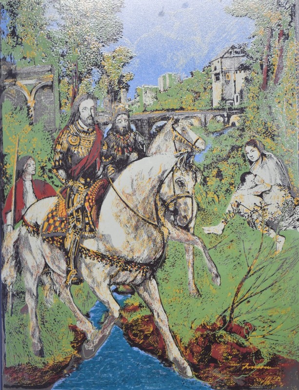 Vintage Silk Screen Print On Glass Knights On Horseback And Landscape Late 900 gallery
