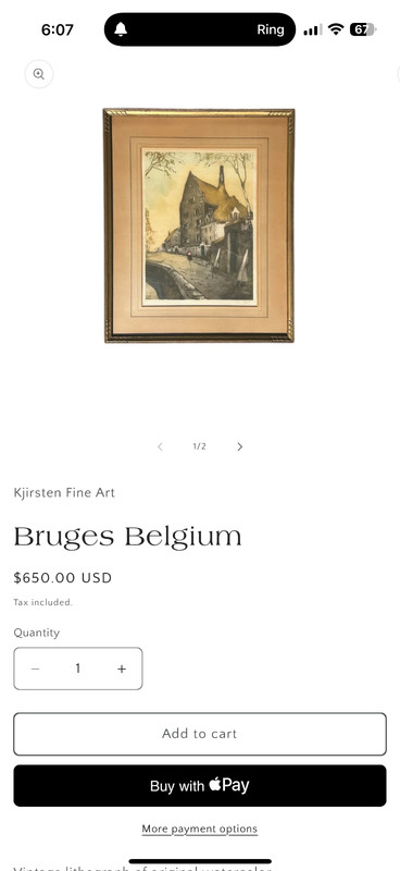 Bruges Belgium Vintage lithograph original watercolor Hand Signed by Van Eyck gallery