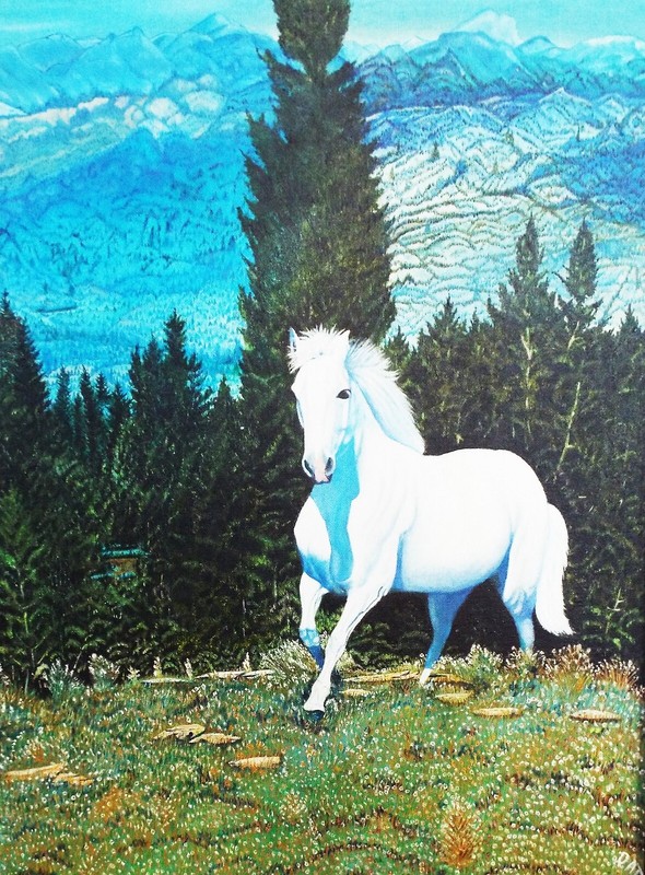 VINTAGE ORIGINAL OIL PAINTING HORSE "RUNNING WILD" DAMA TROXELL BROWN WOOD FRAME gallery