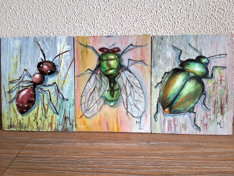Original Oil Painting Set of 3 Insects on Panel Beetle, Fly & Ant Art 4.7x6in