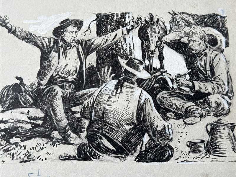 ANTIQUE ILLUSTRATION PAINTING DRAWING COLLECTION THE LIARS CLUB COWBOY WESTERN
