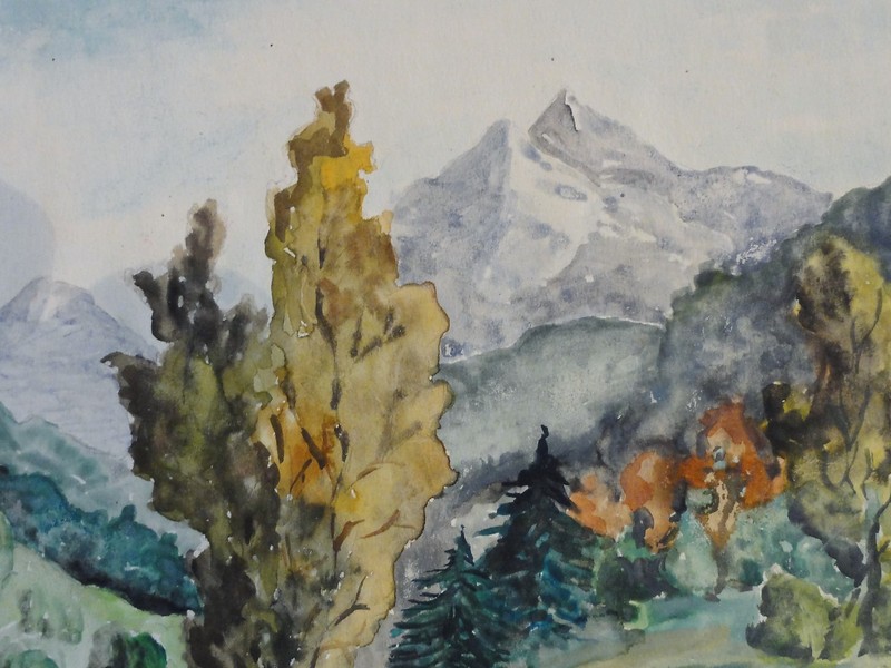 Leider unsigniert - Aquarell um 1950: KLEINER BACH IN DEN ALPEN