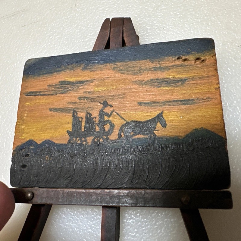 Miniature Japanese Folk Art Painting, Horse With Cart, With Easel gallery