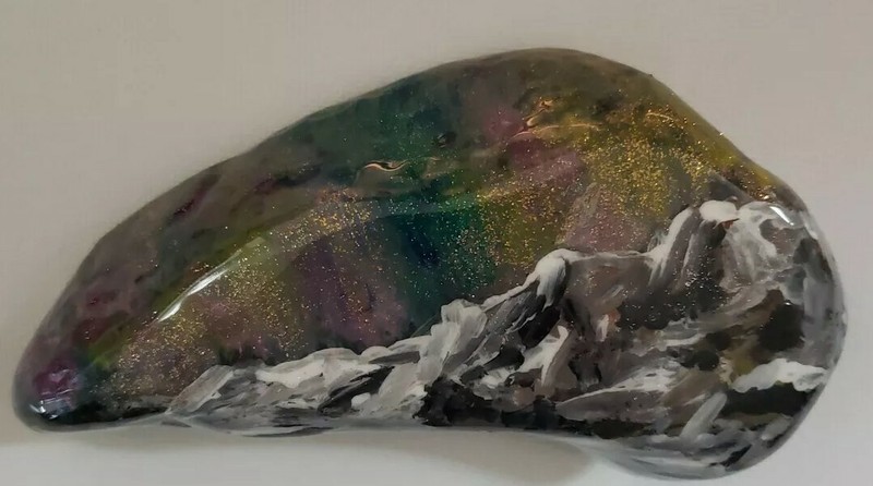 Painted Rock PNW Ocean Rock Aurora Borealis with Mountain.