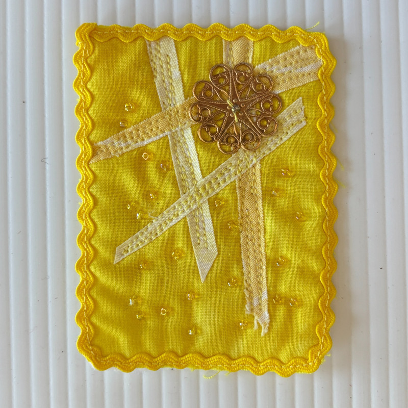 ACEO Original Art Quilt Embroidery Bead Yellow Gold Ribbon