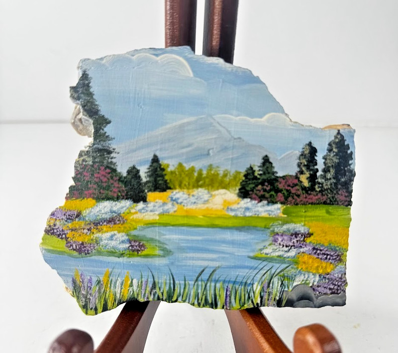 Vintage Hand Painted Landscape Scene Spring River Flowers Mountain Stone Slice