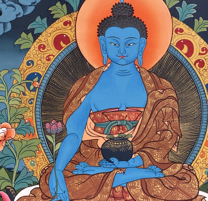 ORIGINAL HAND-PAINTED MEDICINE BUDDHA/MASTER TIBETAN THANGKA / THANKA PAINTING gallery